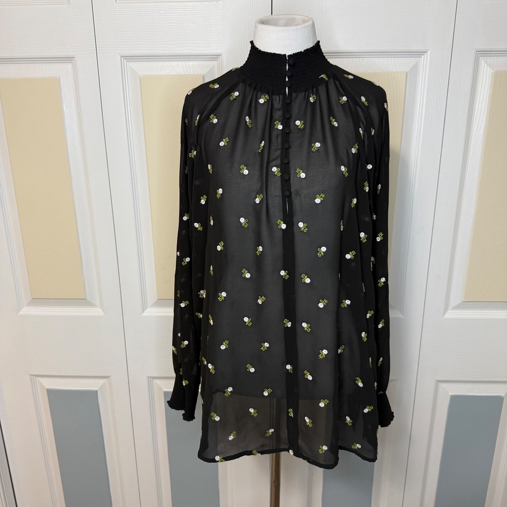 Cabi 5338 Embroidered‎ Blouse Black Sheer White Roses Long Sleeve Top M